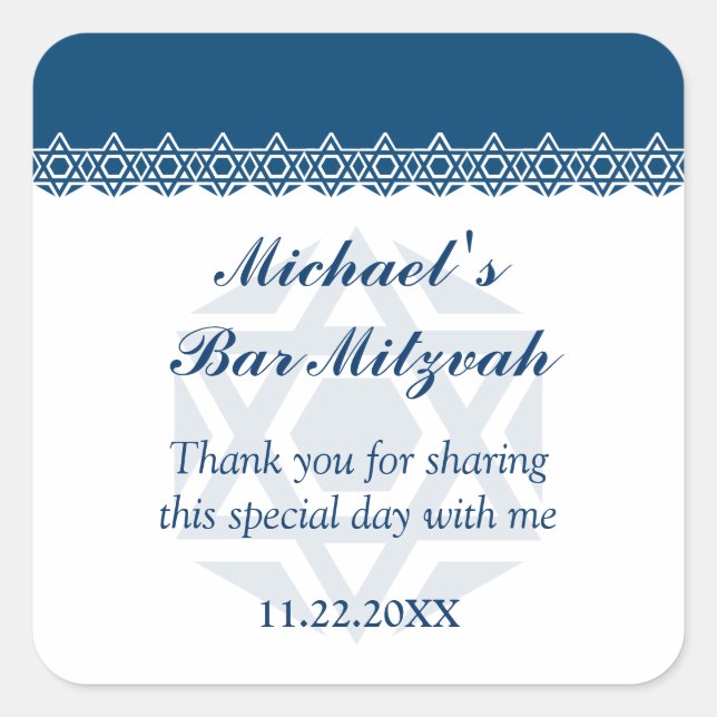Scalloped Blue Star of David Bar-Bat Mitzvah Square Sticker (Front)