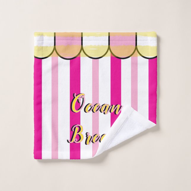 Scalloped Cabana Pink White Summer Stripes Bath Towel Set (Wash Cloth)
