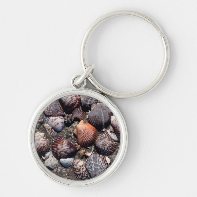 Scalloped Colourful Seashells On A Black Sand Keychain (Front)