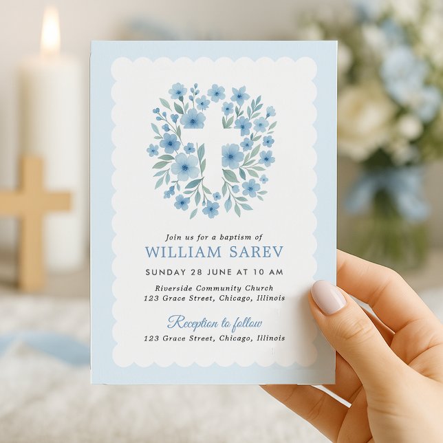 Scalloped Edge Blue Floral Cross Baptism Invitatio Invitation (Creator Uploaded)