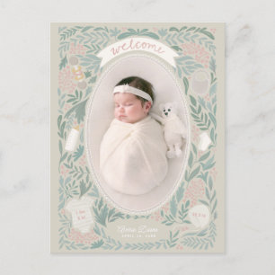 Scalloped frame with leafy surround & baby things postcard