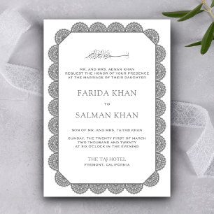 Scalloped Lace Border Grey White Islamic Wedding Invitation