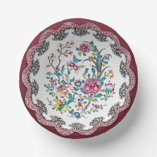 Scalloped Pink Chinoiserie Blossoms Faux China Paper Plate