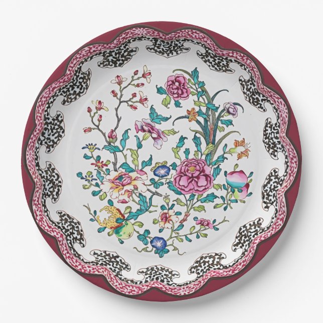Scalloped Pink Chinoiserie Blossoms Faux China Paper Plate (Front)
