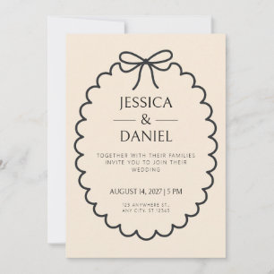 Scalloped Ribbon Bow Ivory Wedding Invitation