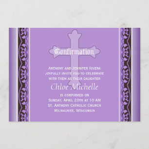 Scalloped Vines with Cross Purple Confirmation Invitation