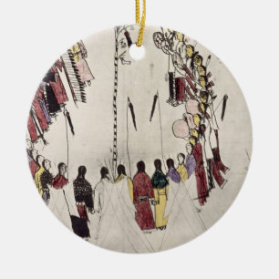 Scalp dance or victory dance (ink on paper) ceramic ornament