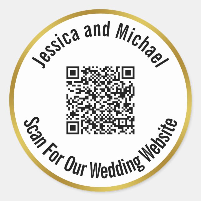 Scan For Our Wedding Website Bride and Groom Names Classic Round Sticker (Front)