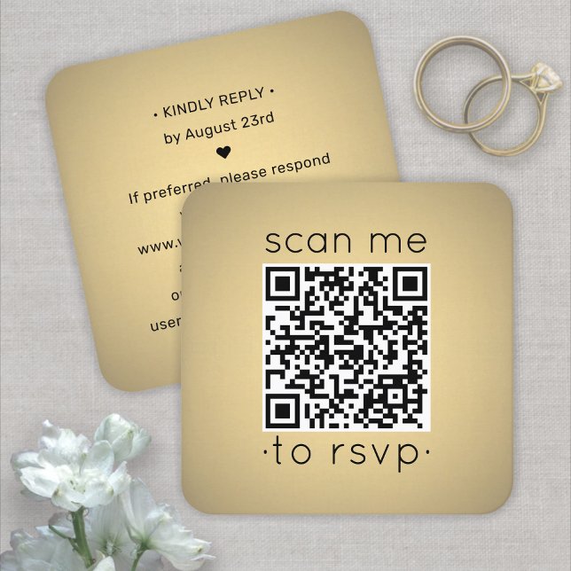 Scan Me QR RSVP Faux Gold Foil Wedding Square Enclosure Card (Creator Uploaded)