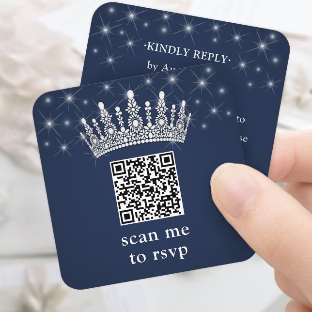 Scan Me RSVP QR Code Quinceañera Crown Navy Blue Enclosure Card (Creator Uploaded)