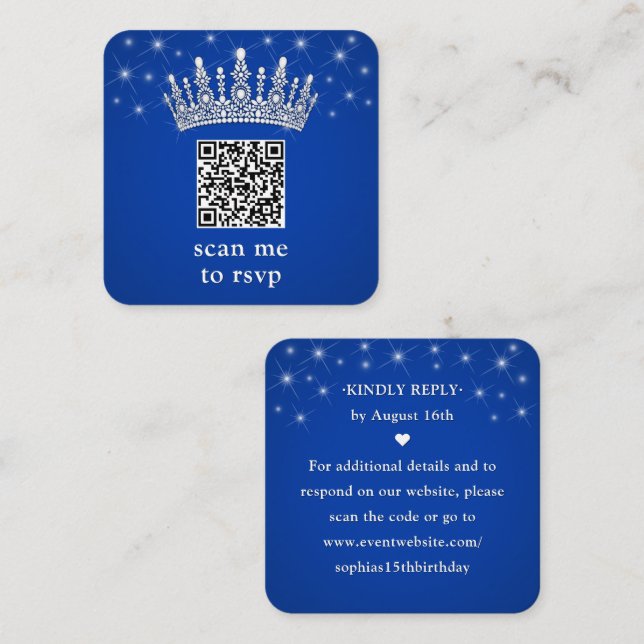 Scan Me RSVP QR Code Quinceañera Crown Royal Blue Enclosure Card (Front/Back)