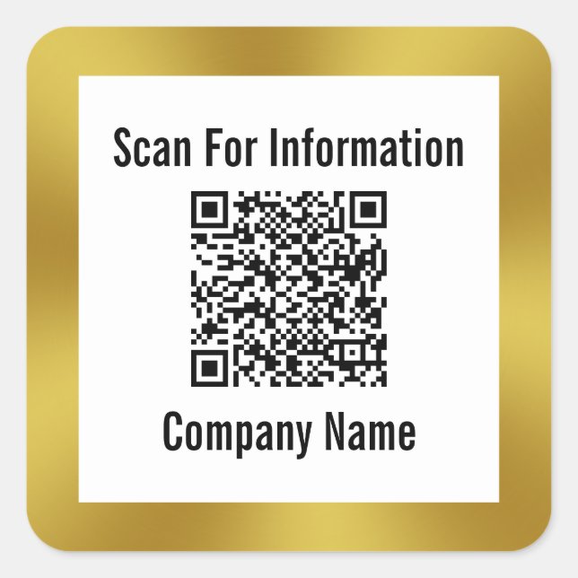 Scan QR Code Company Name Gold and White Template Square Sticker (Front)