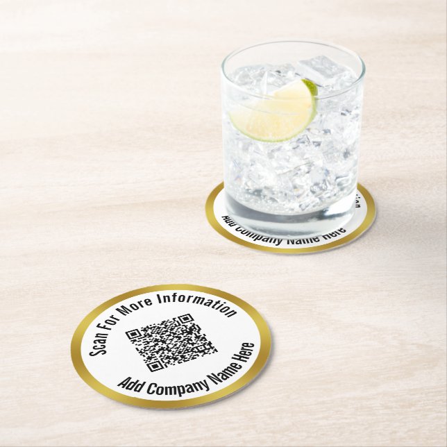 Scan QR Code For More Information Gold & White Round Paper Coaster (Insitu)