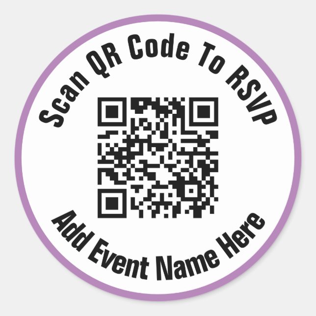 Scan QR Code To RSVP Event Black White Lavender Classic Round Sticker (Front)