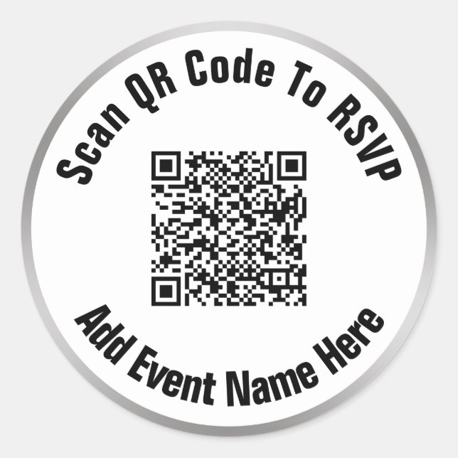 Scan QR Code To RSVP Event Black White Silver Look Classic Round Sticker (Front)