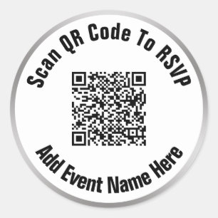 Scan QR Code To RSVP Event Black White Silver Look Classic Round Sticker