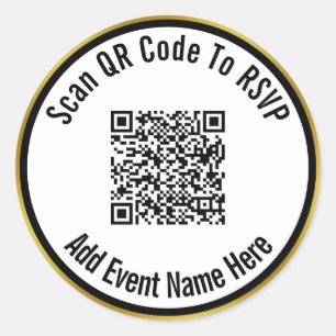 Scan QR Code To RSVP Event Name Black White Gold Classic Round Sticker
