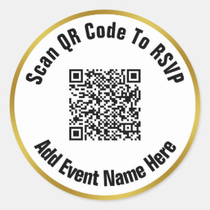 Scan QR Code To RSVP Event Name Black White Gold Classic Round Sticker