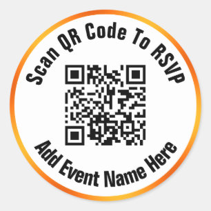 Scan QR Code To RSVP Event Name Black White Orange Classic Round Sticker