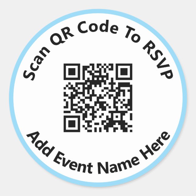 Scan QR Code To RSVP Event Name White & Baby Blue Classic Round Sticker (Front)