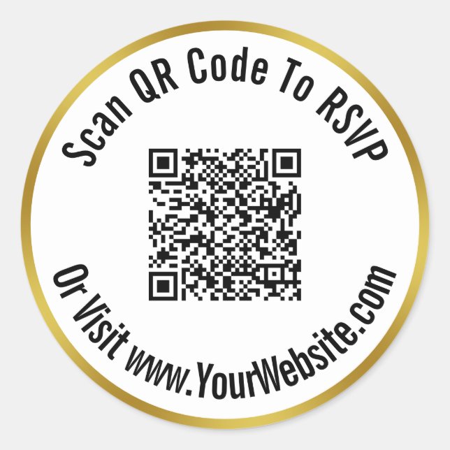 Scan QR Code To RSVP Or Visit Website White & Gold Classic Round Sticker (Front)