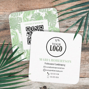 Scan to Connect   QR Code Company Logo Palm Leaves Square Business Card