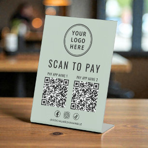 Scan to Pay 2 QR Codes Business Logo Sage Green Pedestal Sign