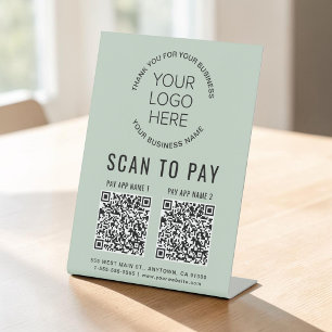 Scan to Pay 2 QR Codes Business Logo Sage Green Pedestal Sign