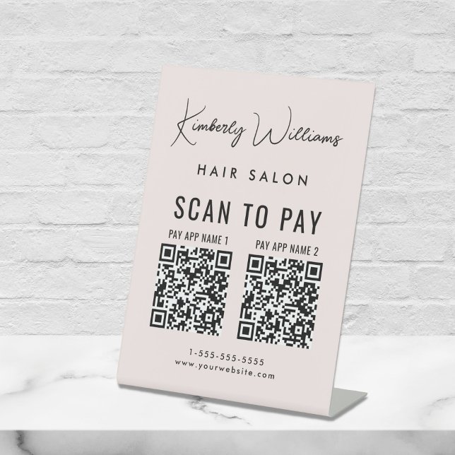 Scan to Pay 2 QR Codes Business Script Pink Pedestal Sign (A QR code sign to effortlessly connect your customers to your payment platforms)