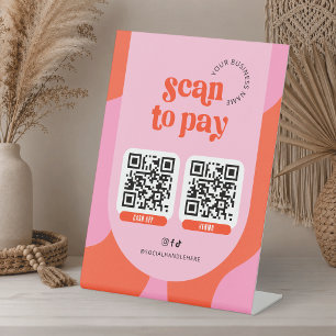 Scan To Pay 2 QR Codes Groovy Retro Red & Pink Pedestal Sign