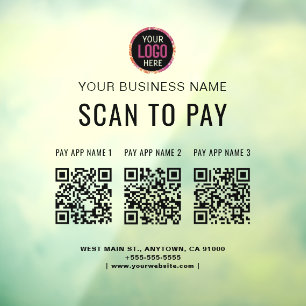 Scan to Pay 3 QR Codes Business Logo  Window Cling