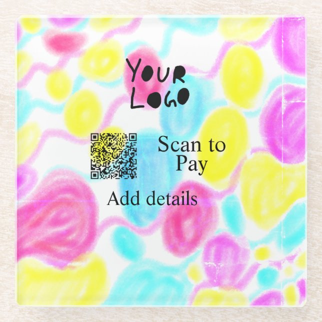 Scan to pay add Q R business logo rainbow watercol Glass Coaster (Front)