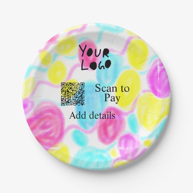 Scan to pay add Q R business logo rainbow watercol Paper Plate (Front)