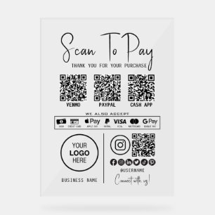 Scan To Pay Business Qr Code Payment Modern Black Acrylic Sign