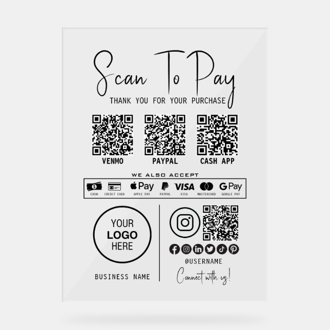 Scan To Pay Business Qr Code Payment Modern Black Acrylic Sign (Front)