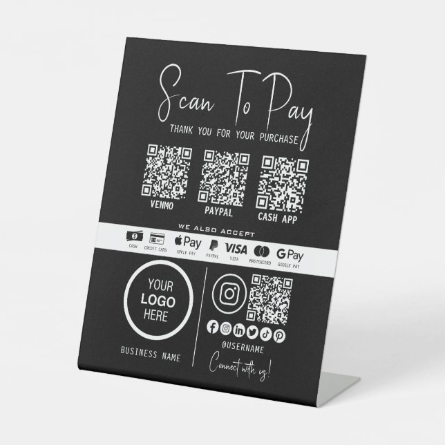 Scan To Pay Business Qr Code Payment Modern Black Pedestal Sign (Front)