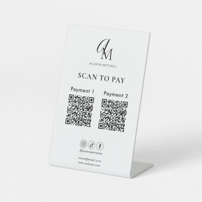 Scan To Pay Business Qr Code Script Monogram Pedestal Sign (Front)