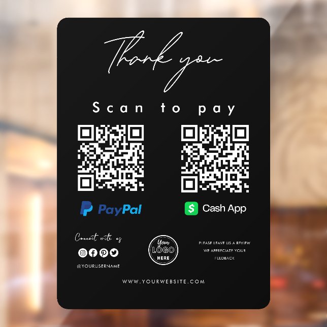 Scan to Pay Logo Paypal Cash App QR Code Thank you Window Cling (Sheet 2)
