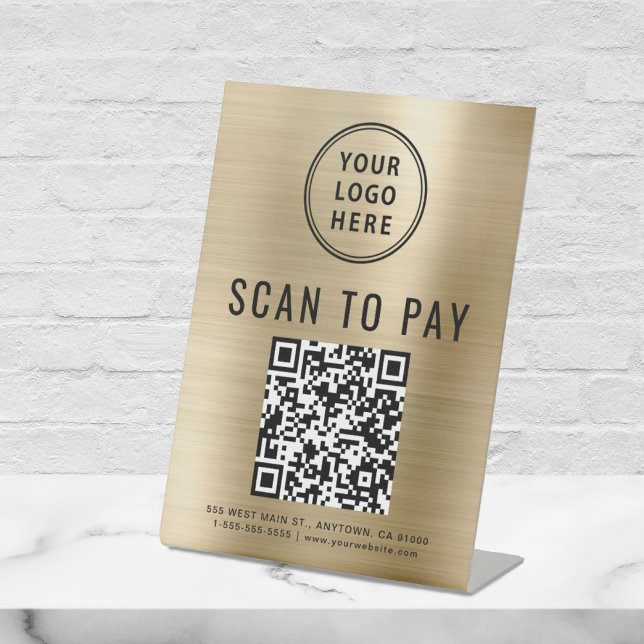 Scan to Pay Logo QR Code Gold Pedestal Sign (Creator Uploaded)