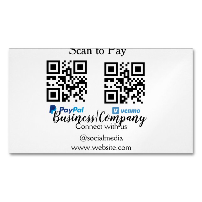 Scan to pay q r code paypal venmo add your website 	Magnetic business card (Front)