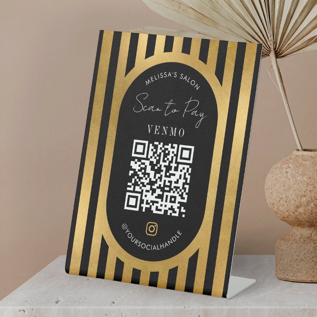 Scan To Pay QR Code Black & Gold Salon Shop Pedestal Sign (Creator Uploaded)