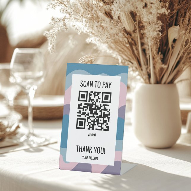 SCAN TO PAY QR CODE Blue Purple Waves Stripes  Pedestal Sign (SCAN TO PAY QR CODE Blue Purple Waves Stripes Pedestal Sign
)