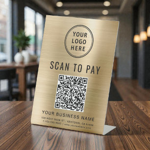 Scan to Pay QR Code Business Logo Gold Pedestal Sign