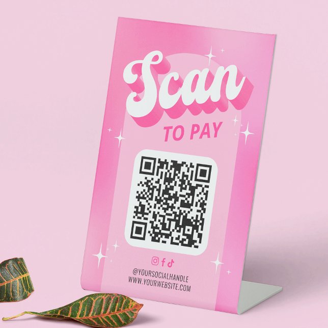Scan to Pay QR Code Trendy Girly Retro Pink Shop Pedestal Sign (Scan to Pay trendy QR code sign design with retro fonts, groovy style and girly pink aesthetic)