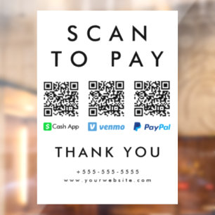 Scan to Pay Venmo Cash App Paypal Multi QR Code Window Cling