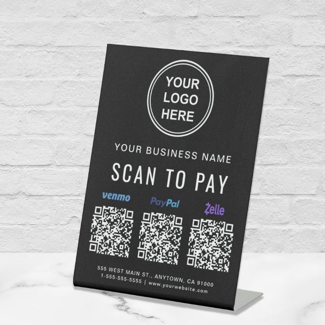 Scan to Pay Venmo Paypal Zelle QR Codes Logo Pedestal Sign (A QR code sign to effortlessly connect your customers to your payment platforms)