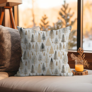 Scandi Beige Nordic Folk Art Pattern Xmas Trees Throw Pillow