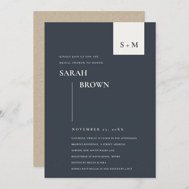 SCANDI BLACK WHITE MONOGRAM BRIDAL SHOWER INVITE (Front/Back)