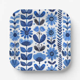 Scandi blue floral paper plate