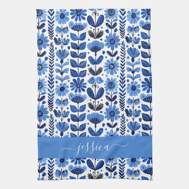 Scandi blue floral script name kitchen towel (Vertical)